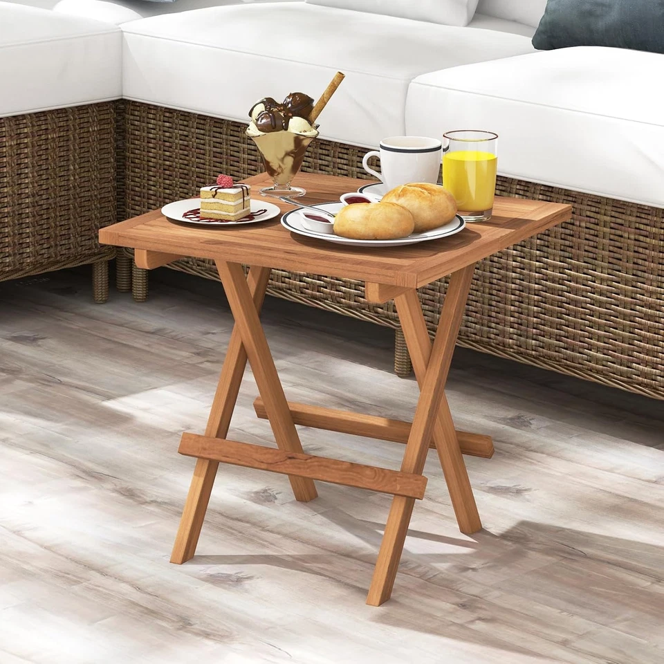 Patio Folding Side Table, Teak Wood Square End Table with Slatted Tabl - Image 2 of 4