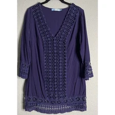 Solitaire Top Women Medium Purple Swim Tunic Crochet Cover Up Sheer Pullover