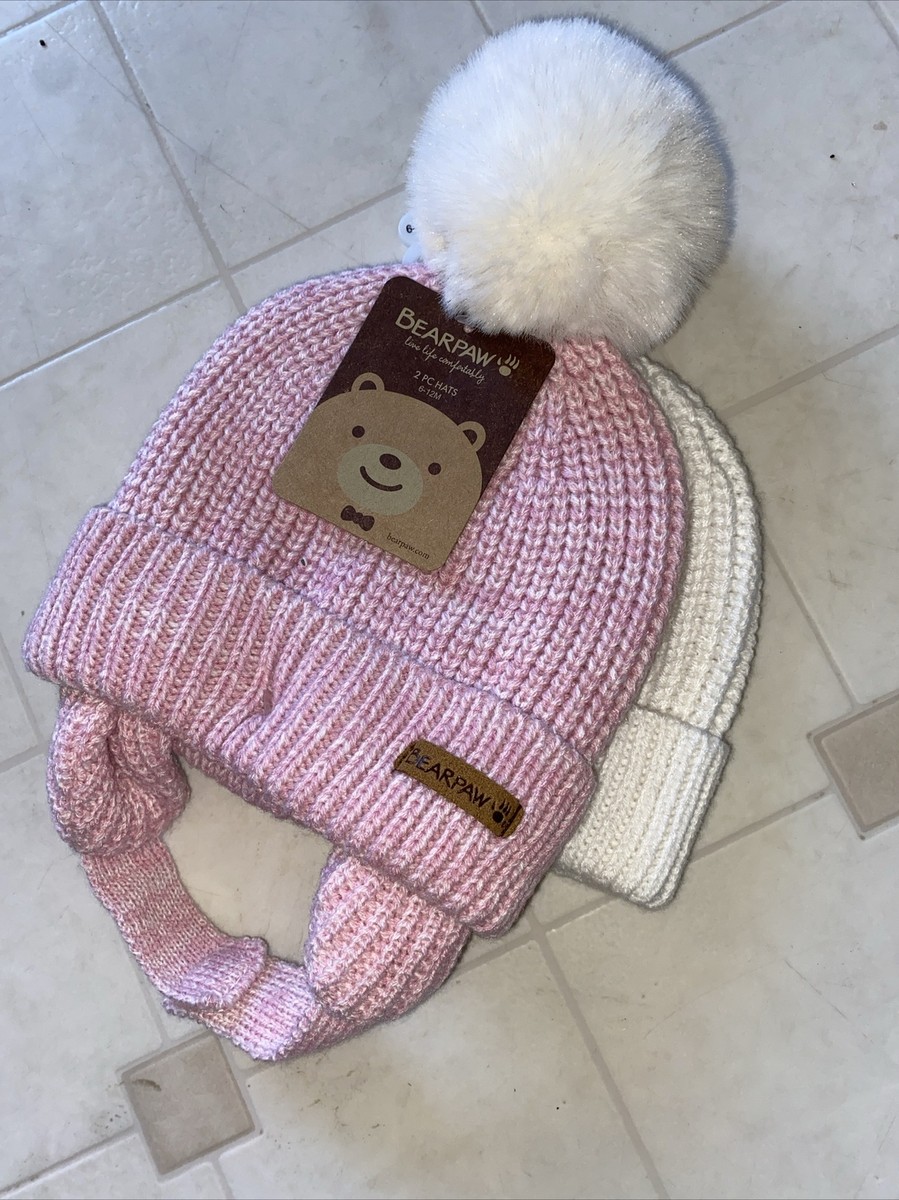 BearPaw Light Pink, Ivory Baby Beanie Hat 2pc Gift Set Bear