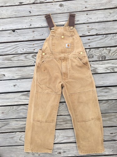 VINTAGE Carhartt Overalls Tan Duck Canva Bib Double Knee Size M Youth(28X18.5in) - Picture 8 of 20