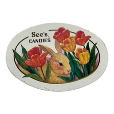 Vintage 1994 See’s Candies Spring/Easter Oval Tin Bunny In Tulips