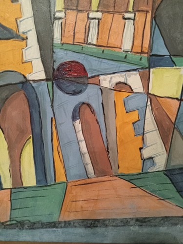 Vintage Oil On Masonite Cubist Abstract "Ancient City" Painting signed AVZ 1968 - Picture 5 of 11