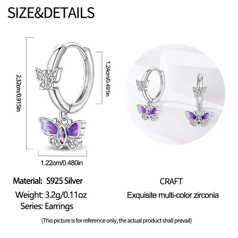 KUNSIR 925 Sterling Silver Romantic Butterfly Drop Earrings For Women Jewelry - Image 4 of 4