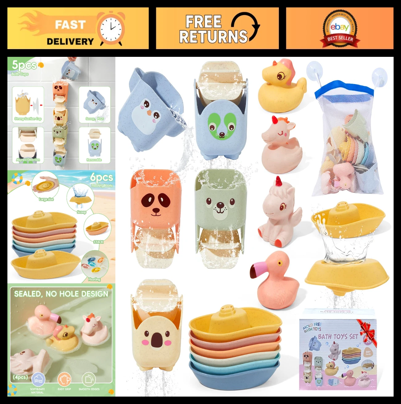 Mold-Free Bath Toys Set, 15PCS - Safe Floating Boats, Waterfall Cups & Mesh Bag
Opens in a new windo