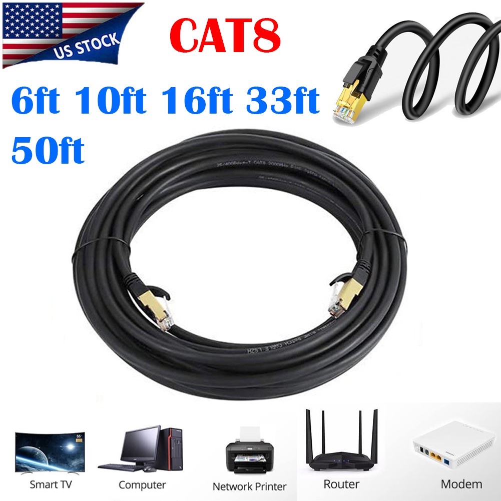 6FT-50FT Cat 8 Ethernet RJ45 Cable 40Gbps Patch LAN Patch Network Gold Plated