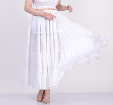 Women's 12 yard Classical 100 Cotton White Long Maxi 4 tier Skirt Elastic Waist