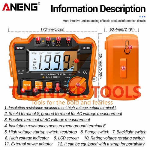 Thunder Tools ANENG MH10 Digital Insulation Resistance Tester 0.1MΩ-2000MΩ - Bild 13 von 23