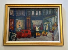 ANTIQUE PAINTING OLD CARS STREET SCENE IMPRESSIONISM NIGHT EVENING MYSTERY 1930