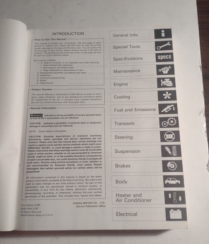 1987 HONDA ACURA OEM SHOP MANUAL AUTO REPAIR BOOK MECHANIC. PAPERBACK BOOK. - Picture 2 of 12
