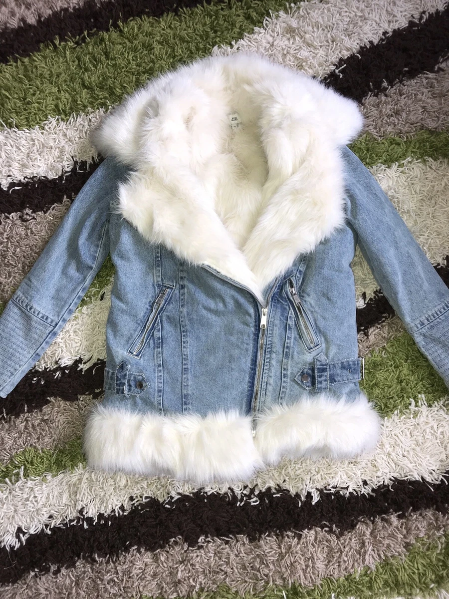 Ladies Size 6 River Island Fur Lined Denim Jacket Coat Faux Fur Collar Vgc