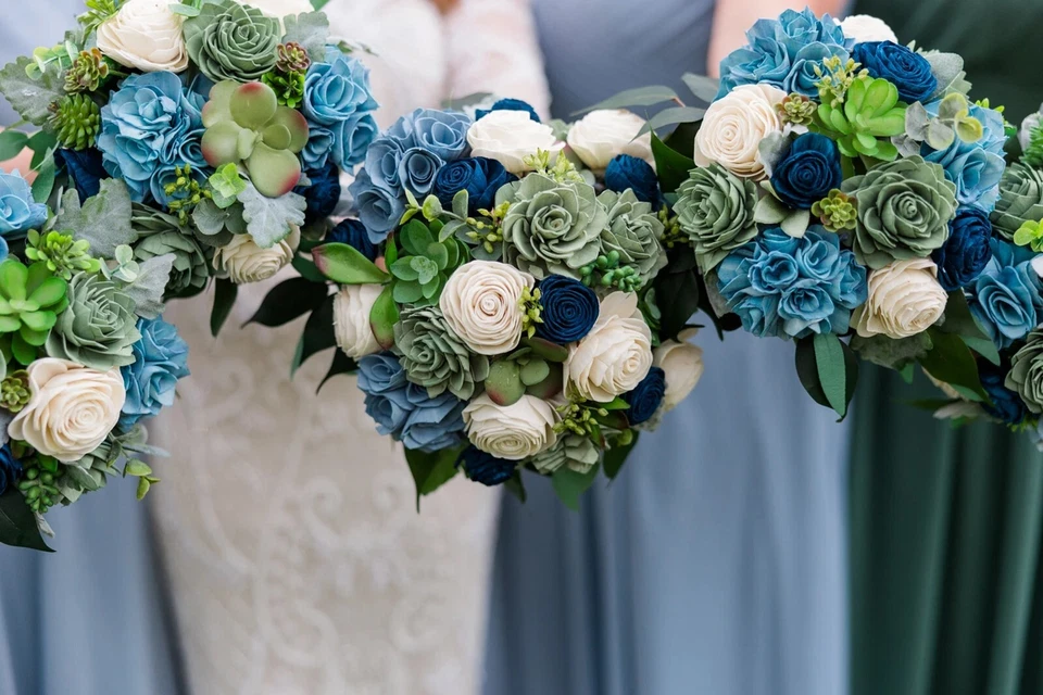 Dusty Blue Sage Navy Sola Wood Succulent Bridal Bouquet White Wedding Flowers - Image 3 of 4