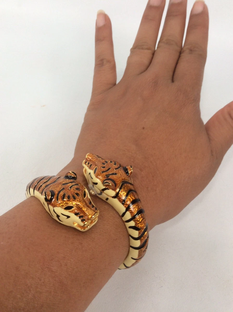 Pretty Kenneth Jay Lane KJL Enamel gold tone Tiger bangle bracelet Watch