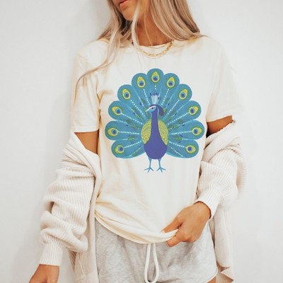 Peacock Graphic Tee Blue Bird Art Print Vibrant Nature Design