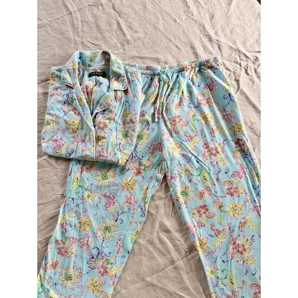 Lauren Ralph Lauren женщин пижамы комплект M цветочный 2 изделия кнопка Топ брюки синий - Изображение 2 из 4