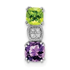 14k White Gold Peridot & Amethyst & Diamond Chain Slide Pendant 0.95gm L-14.2 mm
