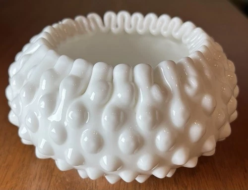 Vintage Fenton Hobnail Milk Glass Bowl – 4” Ruffled Dish - Minor Rim Chip