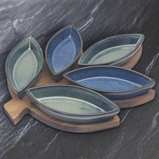 Snack Dishes 5pc Ceramic Leaf Shape Dip Sauce Bowl Charcuterie Wood Serving Tray