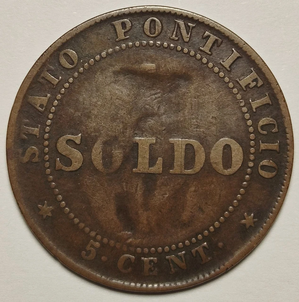 Rare Mint Error! Italy 1 Soldo / 5 Centesimi – Pius IX, 1866 – Incomplete Strike - Image 2 of 4