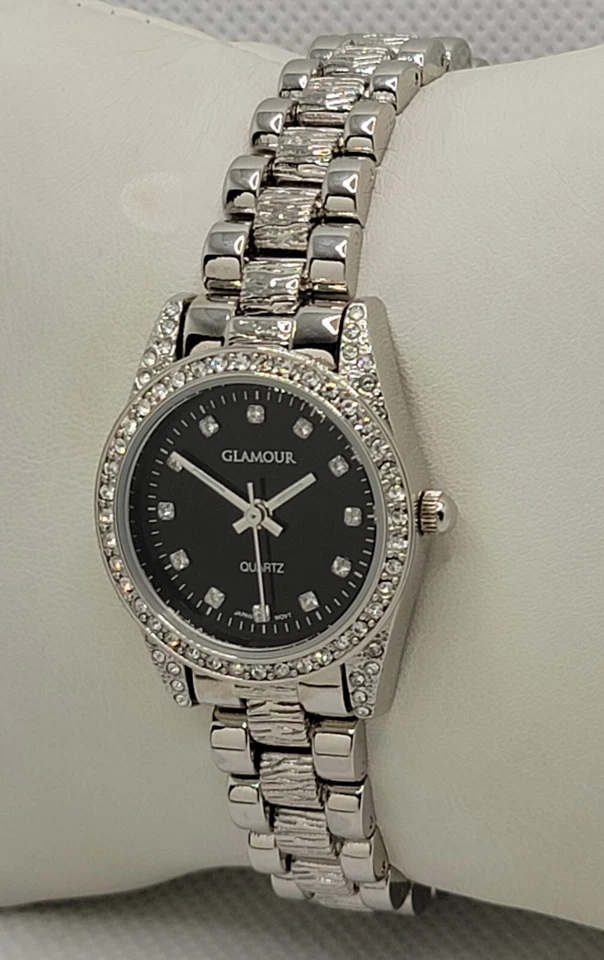 Дамы гламур круглый мощеный серебристого тона черный циферблат ссылка браслет аналоговые часы J2 - Изображение 2 из 4