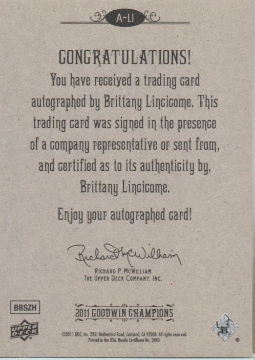 Brittany Lincicome 2011 UD Goodwin Champion autograph auto card A-LI - Image 2 of 2