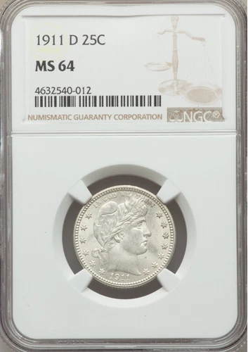 1911 D Barber Quarter NGC MS 64 Blast White