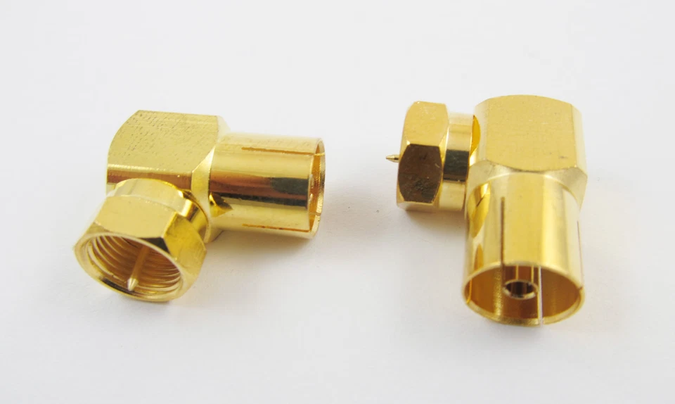 Gold F Plug Male To IEC PAL DVB-T TV Female Right Angle 90° RF Connector Adapter - Image 3 of 3