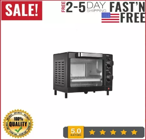 Mainstays 4 Slice Toaster Oven with 3 Setting, Baking Rack and Pan, Black, New