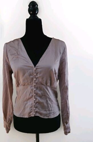 NWT Abercrombie & Fitch Satin Corset Button Long Sleeve Top Rose Gold Sz L