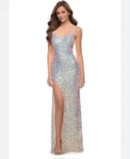 CAMILLE LA VIE White Pastel Sequin Stretch Bodycon Hi-Slit Maxi Gown MAC DUGGAL