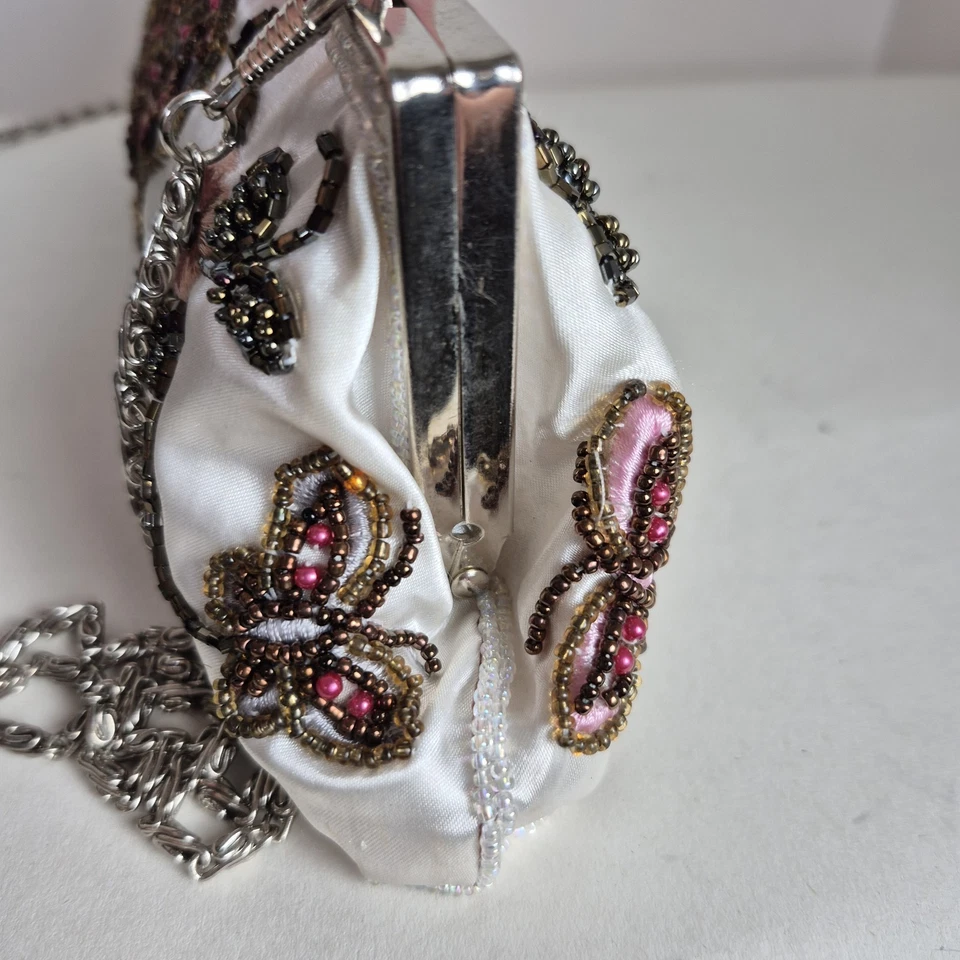 White Satin Beaded Embellished Butterfly Floral Clutch Evening Bag Party Chain - Image 4 of 4