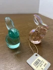 Lot Of 2 Vintage Fenton Green And Pink Iridescent Glass Bunny Rabbit Figurines