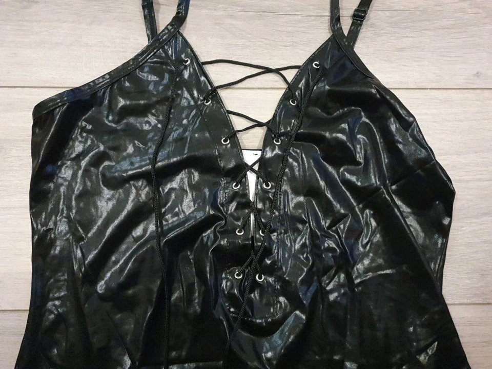 BNWOT Cottelli Collection Black Wet Look Lace Up Mini Dress Size Large - Image 3 of 4