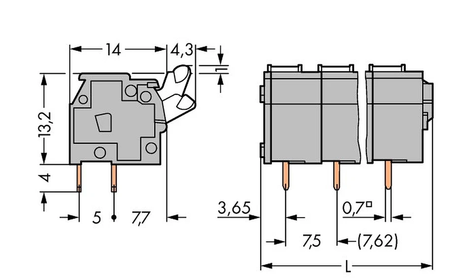 4polige WAGO Leiterplattenklemme 2,5mm²  RM7,5/7,62Betätigungsdr. [10 pcs] #B4 - Bild 1 von 1