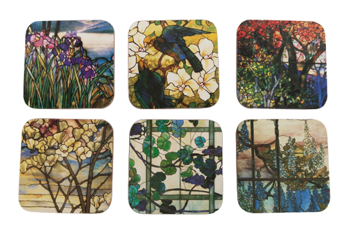 Nice set of 6 cork backed stained glass inspired nature scene coasters