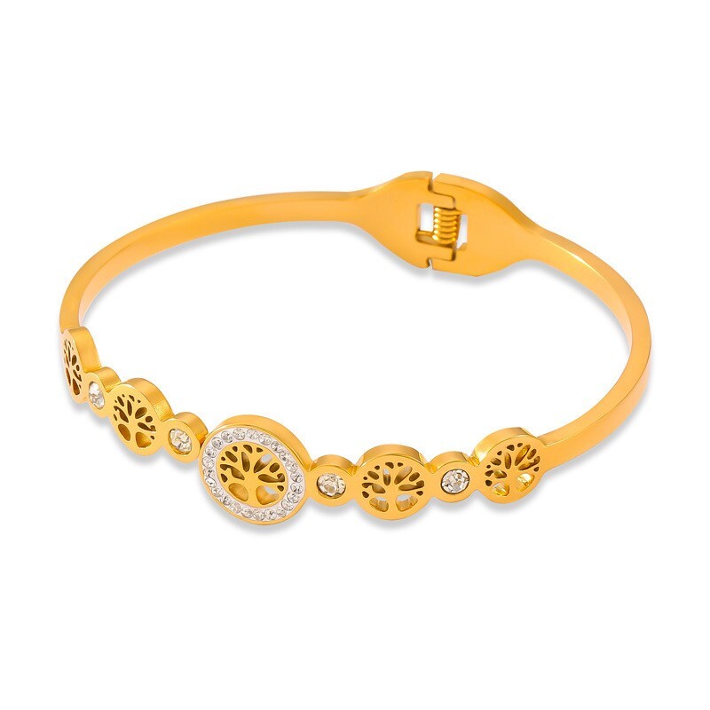 Woman 18K Gold Plated Stainless Steel Life of Tree CZ Bracelet