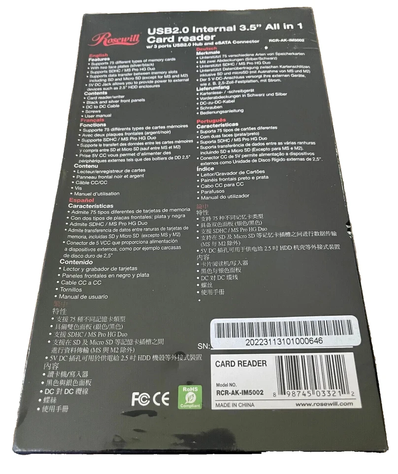 Rosewill RCR-AK-IM5002 USB2.0 -75in1- Card Reader w/3x USB2.0 ports & eSATA New - Image 2 of 3