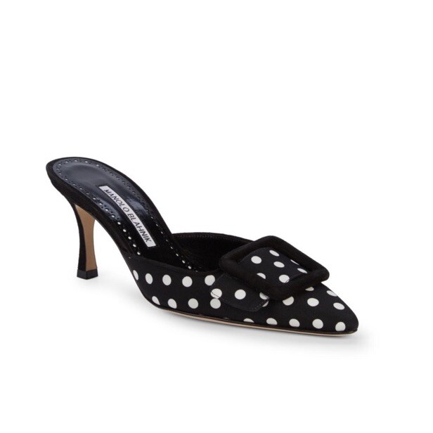 Manolo Blahnik Black & White Maysale Polka Dot Buckle Mules Manolo Blahnik Black & White Maysale Polka Dot Buckle Mules