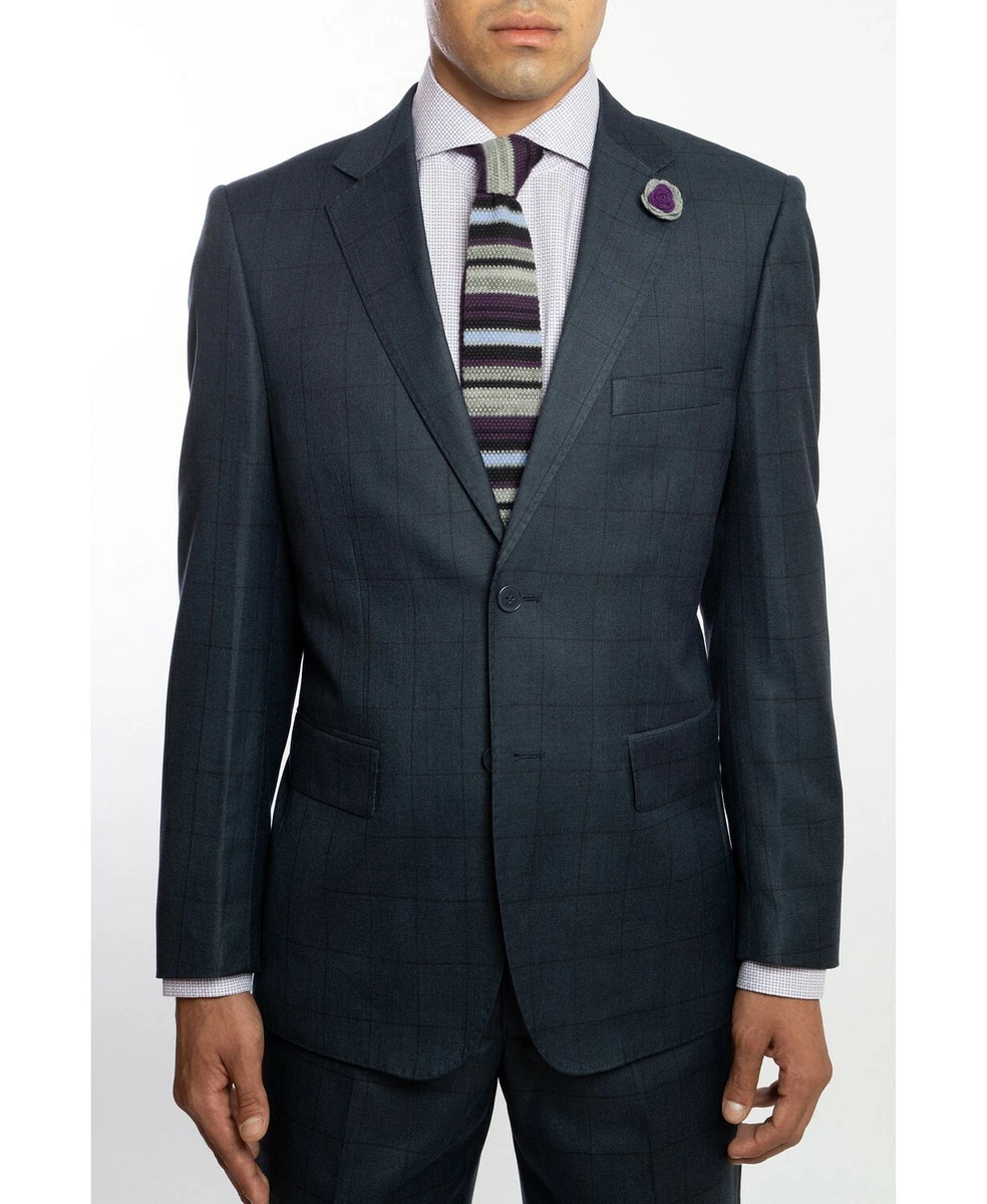 English Laundry Wide Notch Lapel Slim Fit Navy Blue Windowpane Suit Jacket 40R