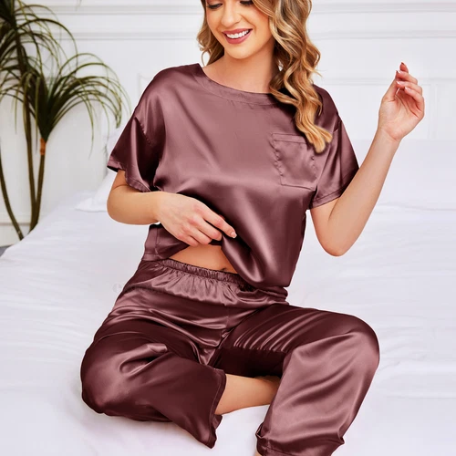 Silk Pajamas for Women Short Sleeve Satin Sleepwear Two Piece Pj Sets Loungewear - Picture 4 of 17