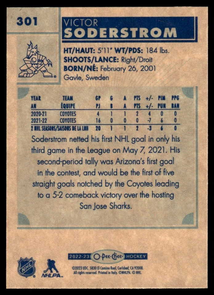 2022-23 O-Pee-Chee RETRO Victor Soderstrom Arizona Coyotes #301 - Image 2 of 2