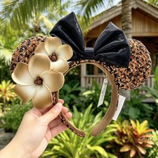 Disney- Parks Aulani Hawaii Black Gold Plumeria Sequin Minnie Ears Headband