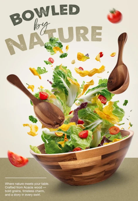 Cuenco grande 12.2" de acacia con utensilios, bol para ensaladas y frutas, Nuevo Foto 2 de 4