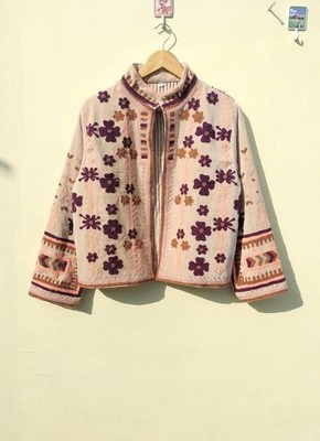 Indian Handmade Black Suzani Floral Cotton Unisex Jacket Womens Clothing Jacket