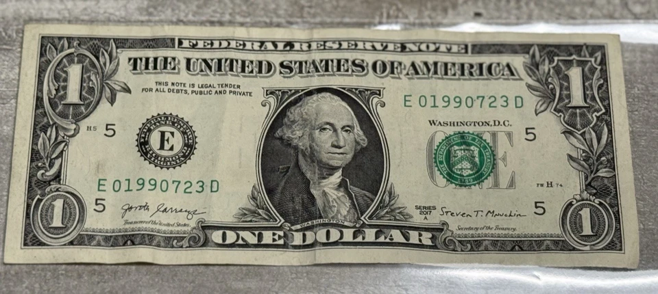 July 23, 1990  Birthday Note Fancy Serial Number One Dollar Bill 01990723 - Image 2 of 3