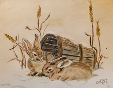 Original Oil Acrylic Painting Rabbits Winter Snowscape Signed Eckert