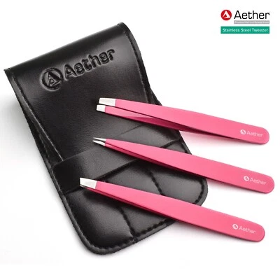 Aether® Tweezers 3-Pcs Set Pink Eyebrow Hair Plucker Pointed Slanted Flat + Case