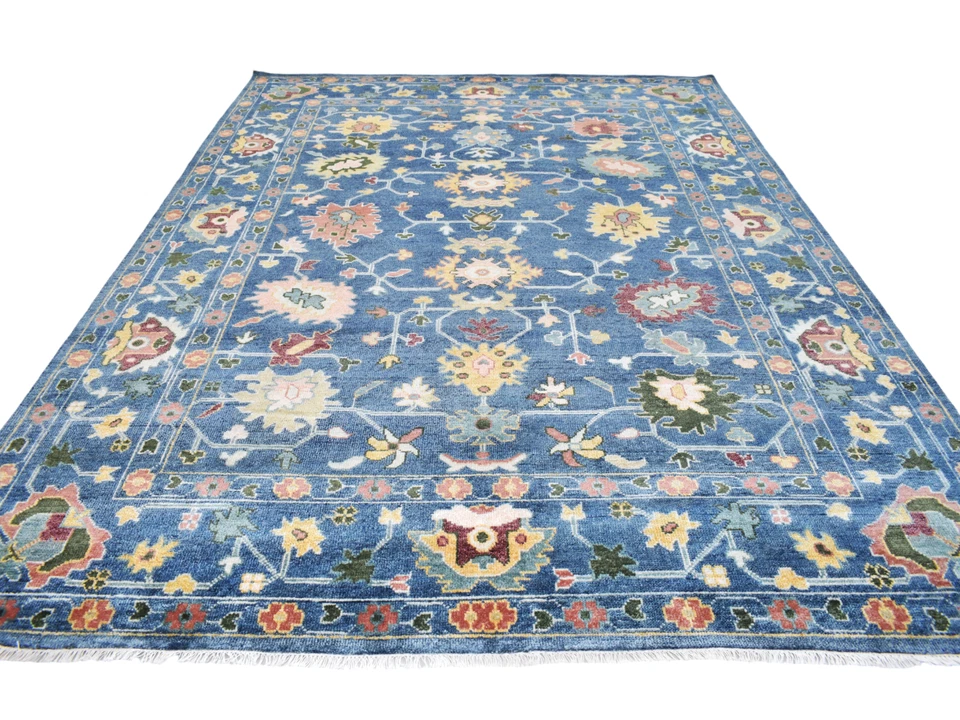Oriental Navy Blue Oushak Style Area Rug 8x10 Ft Floral Living Room Wool Carpet - Image 2 of 4