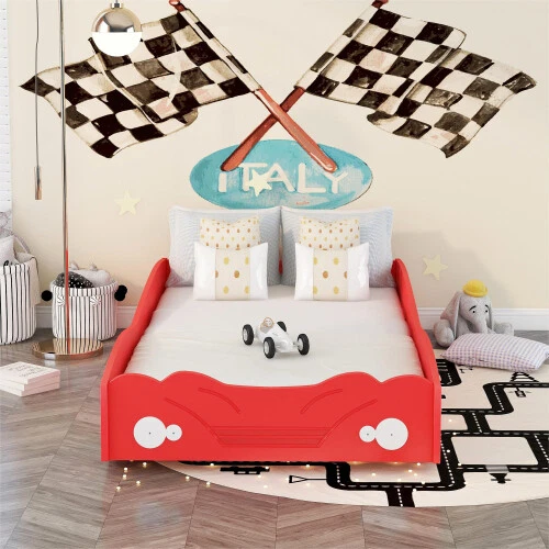Car-Shaped Platform Bed Kids Bunk Bed Wooden Floor Bed Frames for Girls Boys Red - Image 4 of 4
