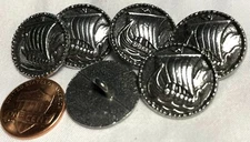 6 Viking Drakkar Polished Silver Tone Metal Shank Buttons Almost 7/8" 22mm 12606