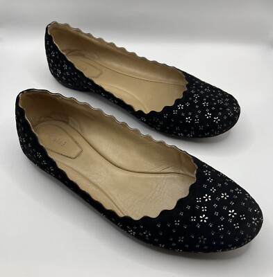 【Chloe】Lauren レザーバレエフラット Chloe Lauren 36 US 6 Black Suede Scalloped Ballet Flats